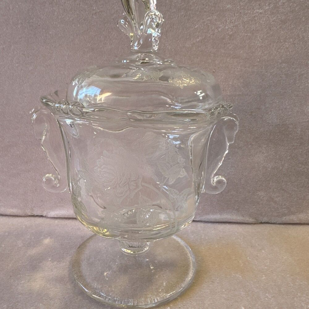Heisey Flower CRYSTAL 8 1/2" WAVERLY HIGH FTD CANDY DISH W/LID & SEAHORSE HDLES